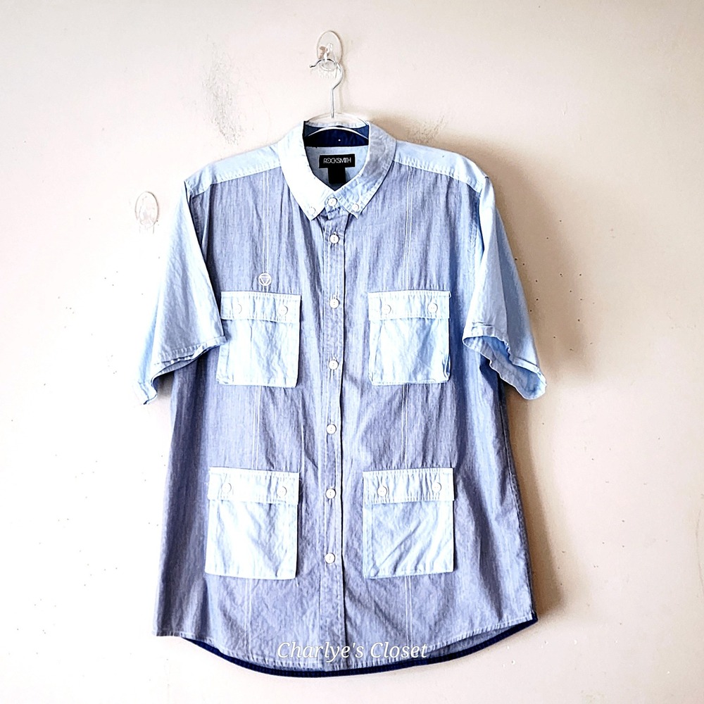 Rocksmith Button Down Blue Utility Pocket Shirt L Cabana Resort Casual Beach